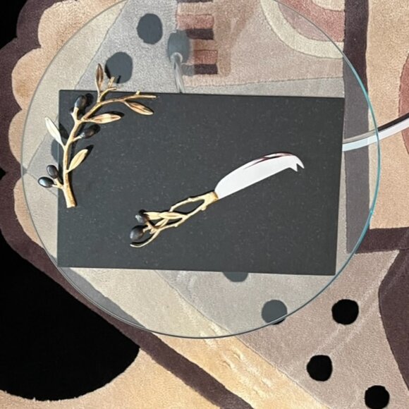 Michael Aram Olive Branch Cheese Board with Knife Gold Black Granite NIB - Picture 1 of 16
